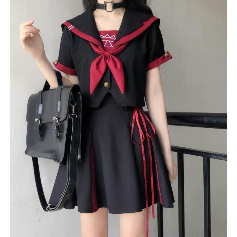 セーラー服 女子制服 学生服 中学生 高校生 女性 大人 可愛いjk制服 セーラー服上下2点セット 半袖トップス ミニプリーツスカート リボン 黒 赤 Partingchudong Danqrn 栄輝商事 通販 Yahoo ショッピング