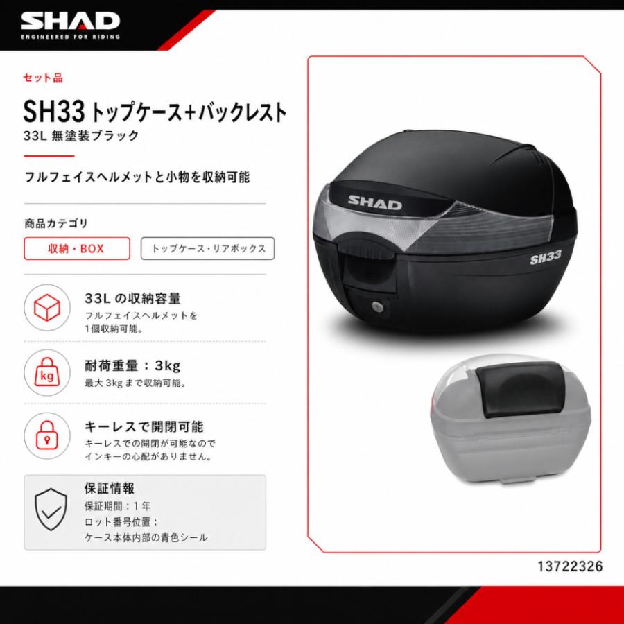 セット] 33L バイク トップケース リアボックス SH33 無塗装ブラック