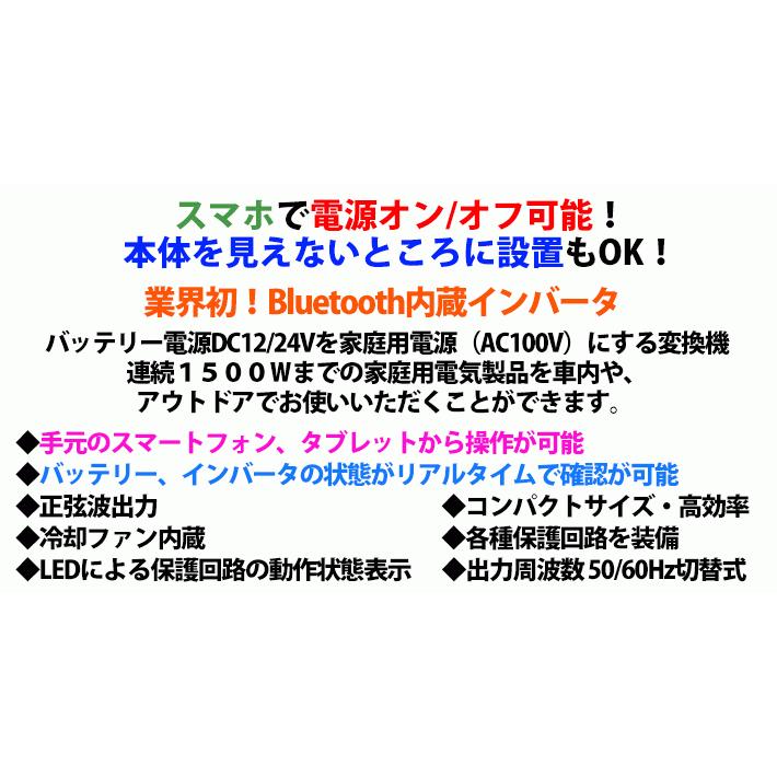 Bluetooth内蔵インバータ CSAS-A1500R-BT スマホから操作可能 冷却ファン内蔵 New-Era製 アウトドア キャンプ 車中泊 最大1500W 変換機の画像