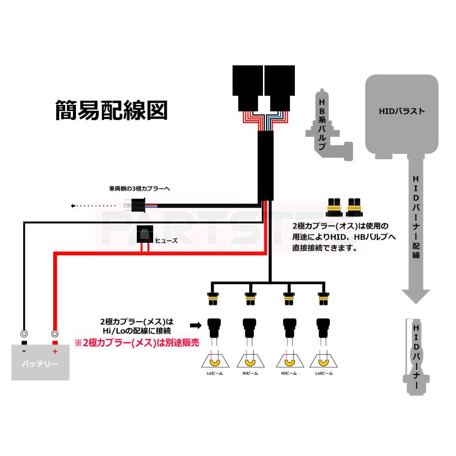 ヘッドライト 変換ハーネス H4 2灯式を4灯式に HID LED 対応 汎用 ハイエース 200系 1型 2型 3型 4型 エブリイ ハイゼットカーゴ bB 他 / 11-4 B-5｜partstec｜06