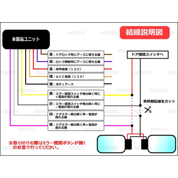 汎用 12V ドアミラー 自動格納キット キーレス連動 ロック アンロック連動 日本語説明書付 / 28-22 E-3｜partstec｜02