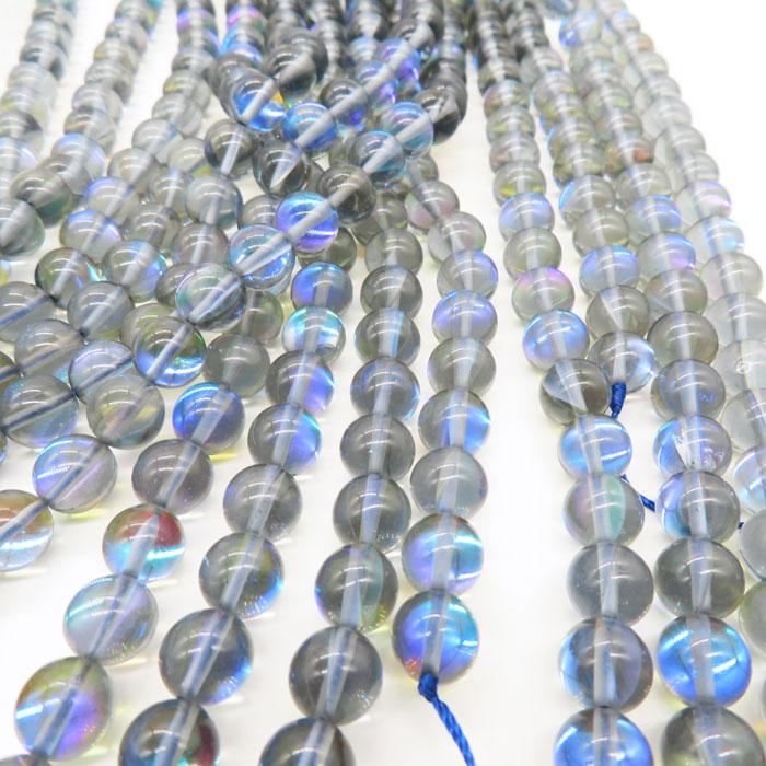 オーロラ水晶 約40cm 連 (ツヤあり) 8mm 6mm 丸ビーズ 天然石 ビーズ