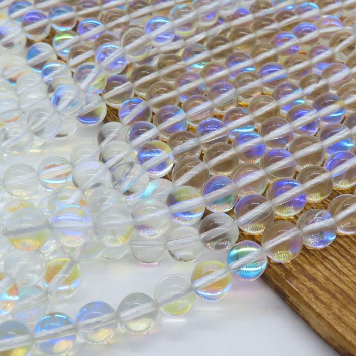 オーロラ水晶 約40cm 連 (ツヤあり) 8mm 6mm 丸ビーズ 天然石 ビーズ
