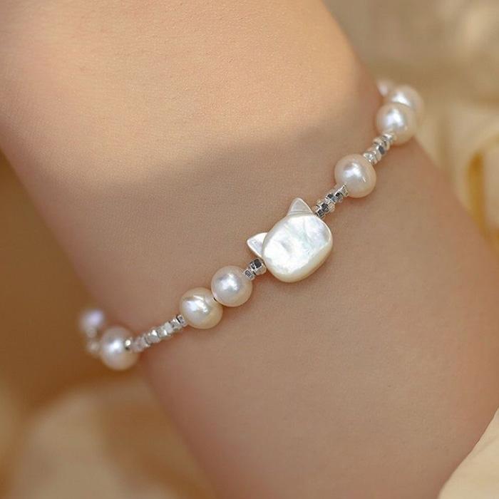 ブレスレット レディース 淡水パール シェル ネコ シルバー925 パール