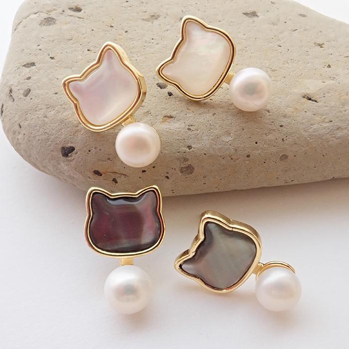 猫モチーフ ピアス アバロンシェル×ホワイトパール 上品