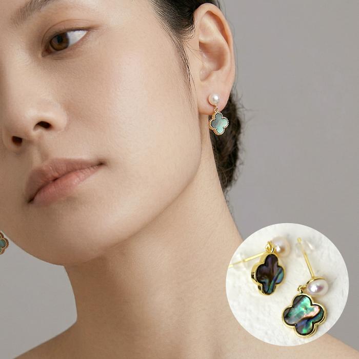 四つ葉 アバロンシェル 淡水パール ピアス 6mm ゴールド 揺れる