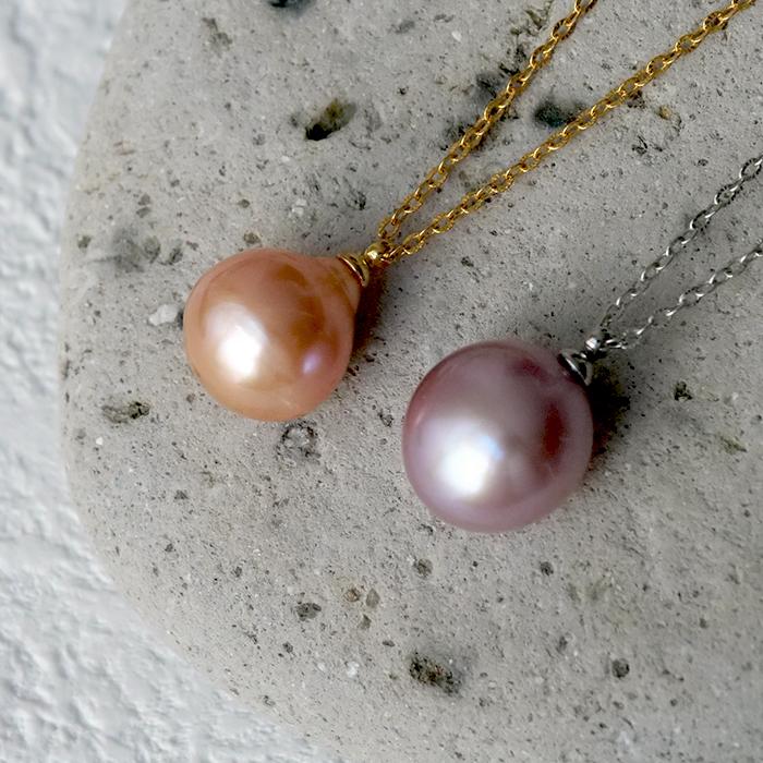 金属アレルギー対応 111. 有核 カラー 淡水パール 11mm 一粒ネックレス
