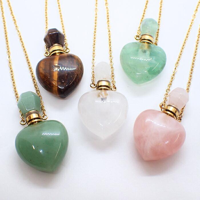 天然石 ハート Bタイプ 香水瓶 ネックレス カットジュエル型キャップ  