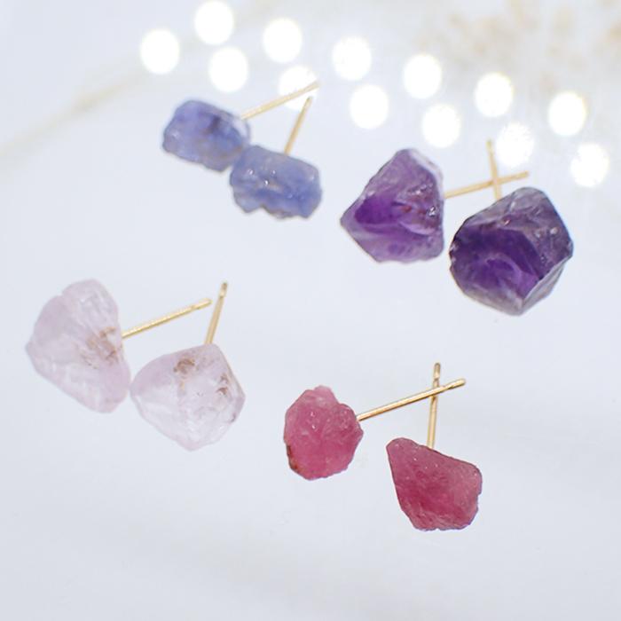 6. K18 原石 ピアス 1ペア タンザナイト ピンクトルマリン アメジスト