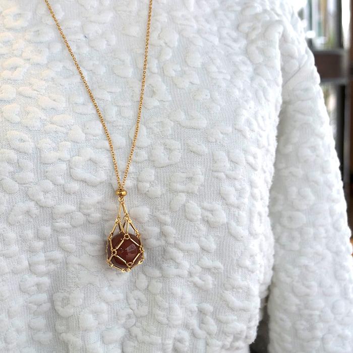 守りの珠 カーネリアン 網かごネックレス 金属アレルギー対応