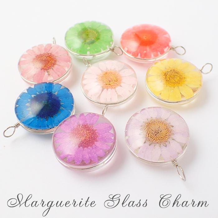 マーガレット ガラスチャーム 全9色 25 / 30mm 1個売り 押し花 パーツ