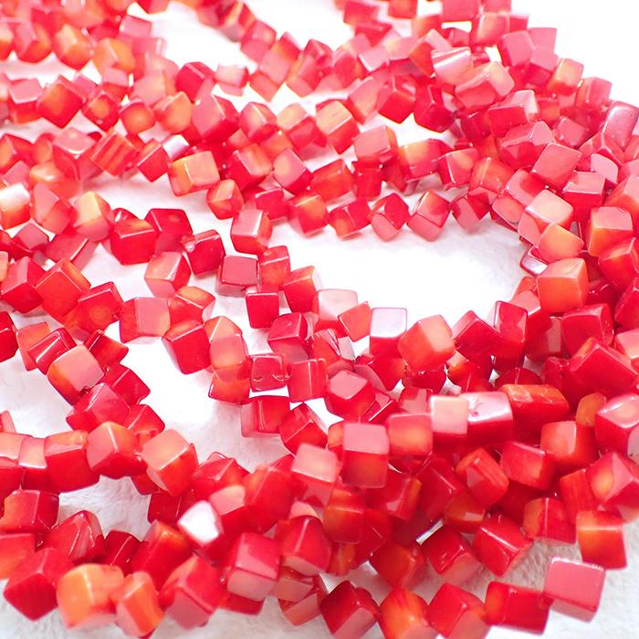 17 サンゴ ビーズ (染色) キューブビーズ 1連 #6 コーラル 四角