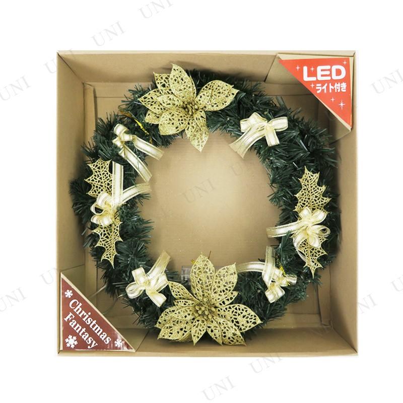 PVCリース ヒイラギゴールドリボン LED付35cm クリスマスリース