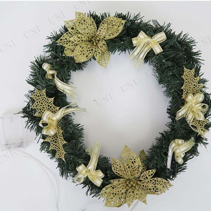PVCリース ヒイラギゴールドリボン LED付35cm クリスマスリース