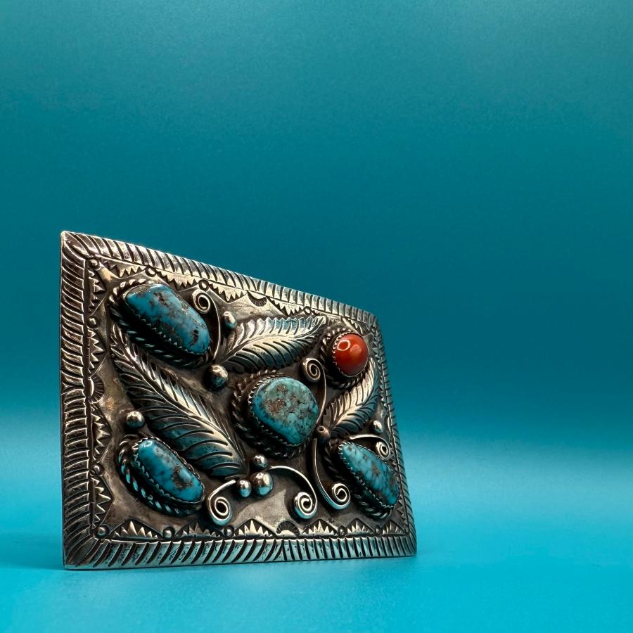 シルバー　バックル　インディアンジュエリー　ターコイズ ターコイズとコーラルのコンビバックル インディアンジュエリー