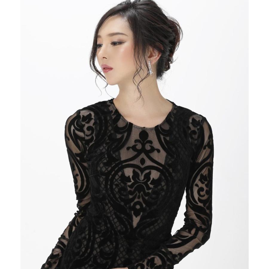 交換無料 | BCBG MaxAzaria | ロングドレス ヴェルベットレース ベージュ 胸元カット 長袖 タイト ワンピース | パーティー myの画像