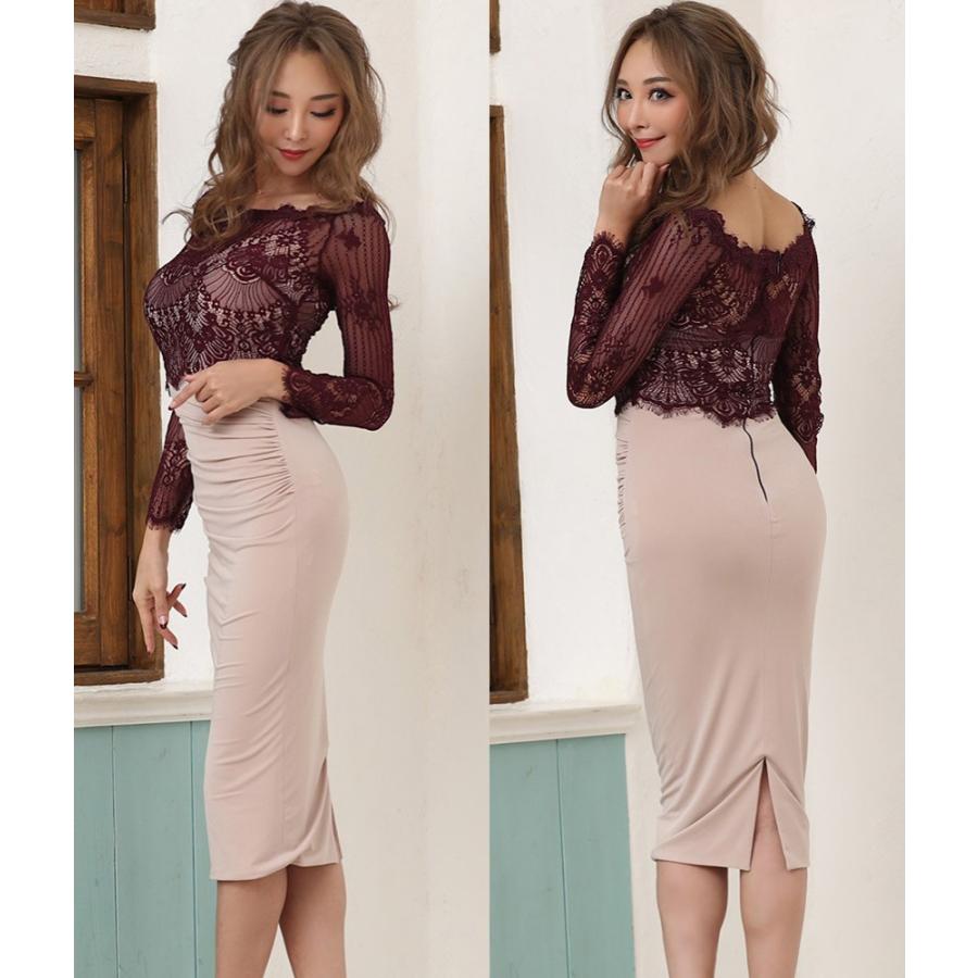 送料無料 リンファーレ 韓国 ミディアムドレス タイト ひざ丈 ワンピース バイカラーレース ボートネック ストレッチ キャバクラ スナック ラウンジ Mybd 21福袋 Www Yalaphone Com