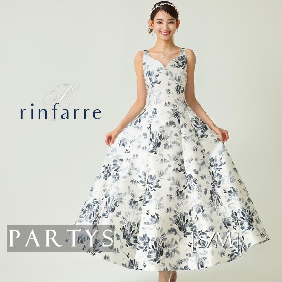 交換無料 | 韓国製 リンファーレ | ホワイト×グレー Aライン ロングドレス ワンピース ノースリーブ Vカット 花柄 キャバドレス 演奏会 | 