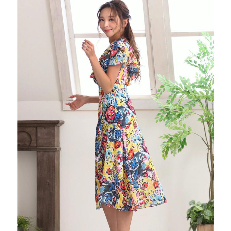 買得 花柄 マルチカラー 半袖 カラフルプリント ワンピース ひざ丈 ドレス ミディアム エルケイ 交換無料 Xs 5号 11号 9号 7号 Lk Erukei L M S サイズ Vネック キャバ キャバクラ パーティー Aライン フリル ワンピース チュニック