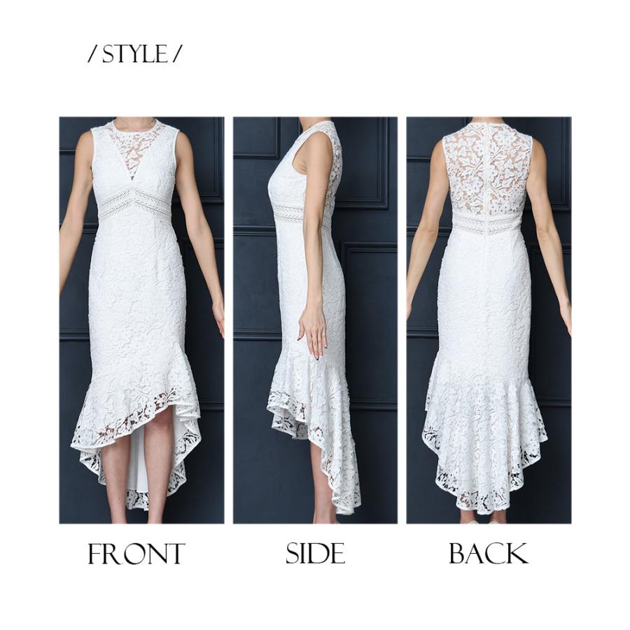交換無料 | エルケイ | ヘムライン ミディアムドレス ワンピース ホワイト 総レース アシメントリー丈 ノースリーブ マーメイド パーティー キャバドレス my |  | 07