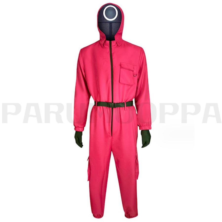 :) イカゲーム コスプレ 衣装 マスク付き つなぎ 仮装 コスチューム 4点セット イカゲーム コスプレ マスク付き 監視員 つなぎ イカ