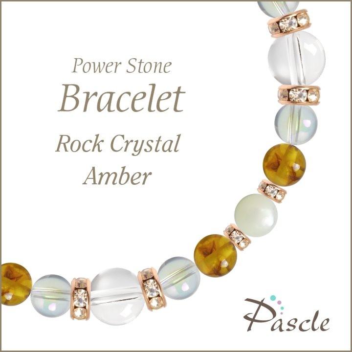 パワーストーン ブレスレット クリスタル（本水晶）・アンバー 誕生石 4月 仕事運 恋愛成就 健康 金運 | 