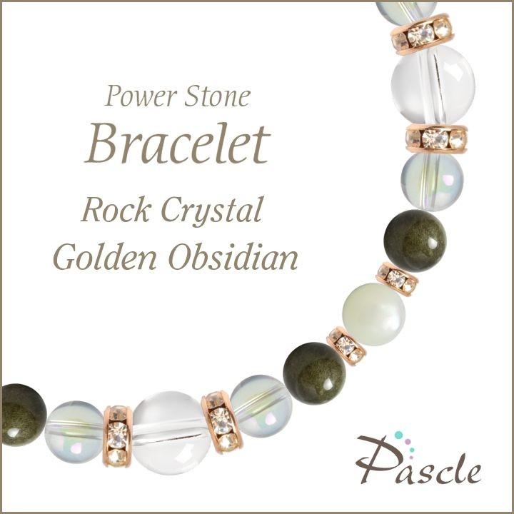 パワーストーン ブレスレット クリスタル（本水晶）・ゴールデンオブシディアン 誕生石 4月 仕事運 恋愛成就 魔除け・厄除け | 