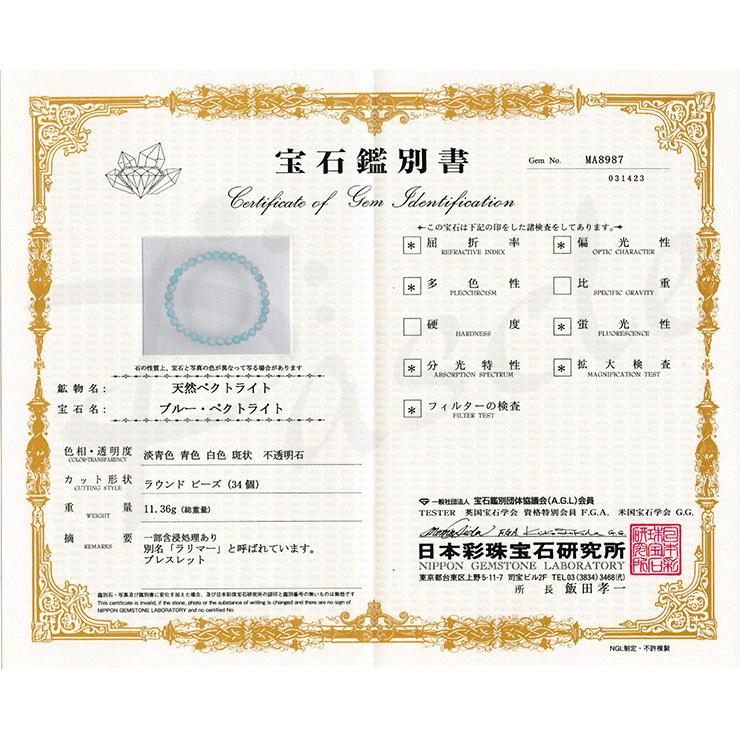 一点もの】ラリマー6mm シンプルブレスレット【鑑別書付き 