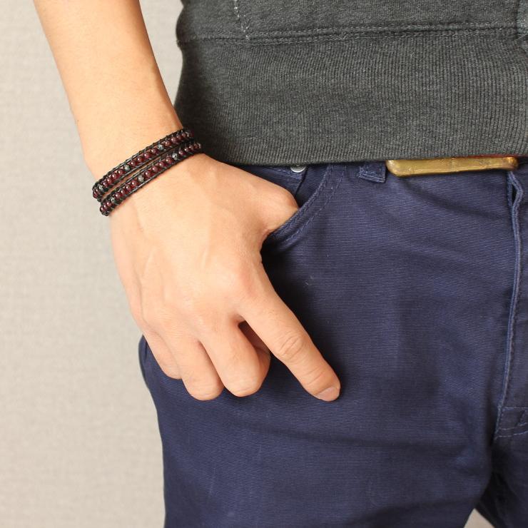 メンズデザインラップブレスレット・ガーネット ブラックレザー