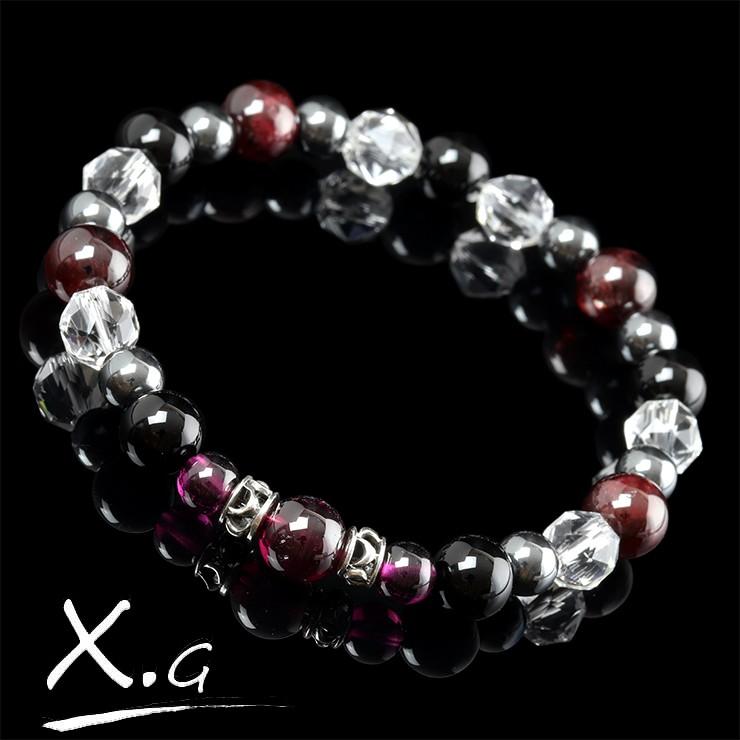 【X.G】高貴なワインレッドカラー ロードライトガーネット デザインブレスレット メンズの画像