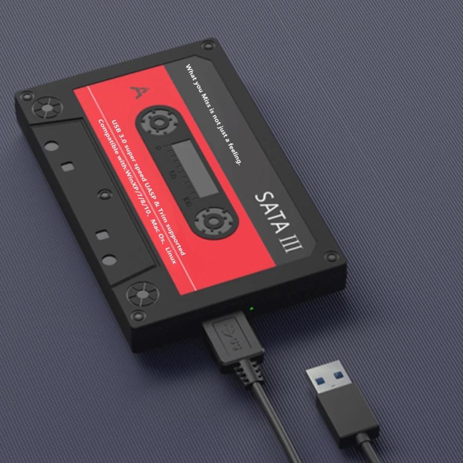 外付け SSD 2.5インチ 500GB usb-C テープ型ケース SSD/HDDケース USB3.0対応 カセットテープ風 外付け 2.5インチ/7mmに