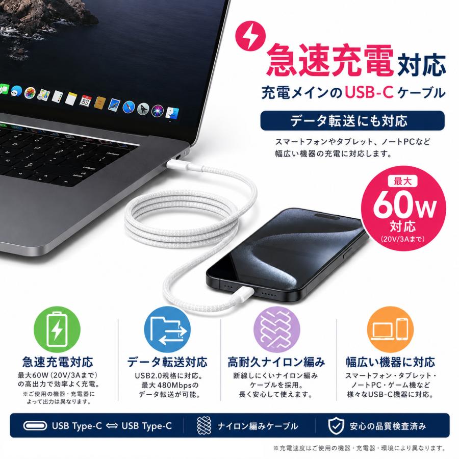 USB Type-C ケーブル 約1m Type-C to Type-C 最大60W 急速充電対応 USB2.0 最大480Mbps データ転送 ナイロン編み スマホ タブレット ノートPC対応 ホワイト [S8] |  | 01