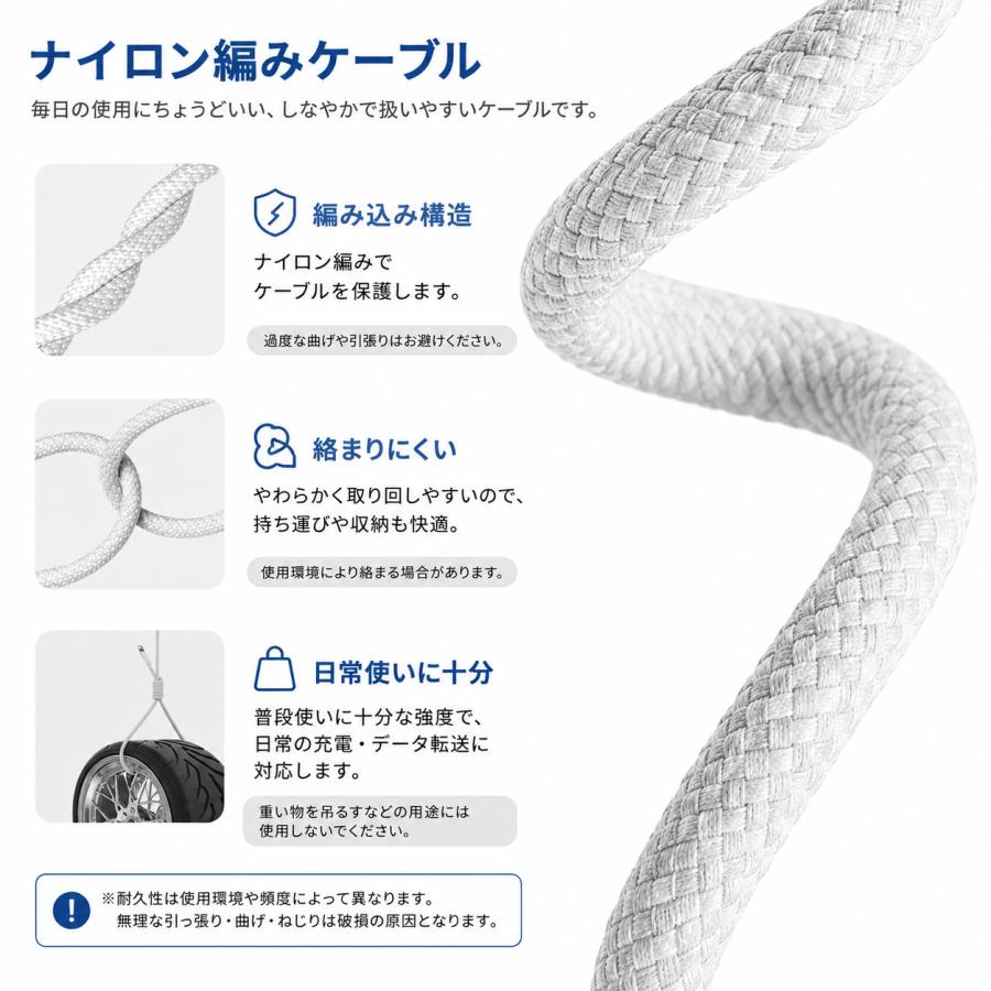 USB Type-C ケーブル 約1m Type-C to Type-C 最大60W 急速充電対応 USB2.0 最大480Mbps データ転送 ナイロン編み スマホ タブレット ノートPC対応 ホワイト [S8] |  | 02