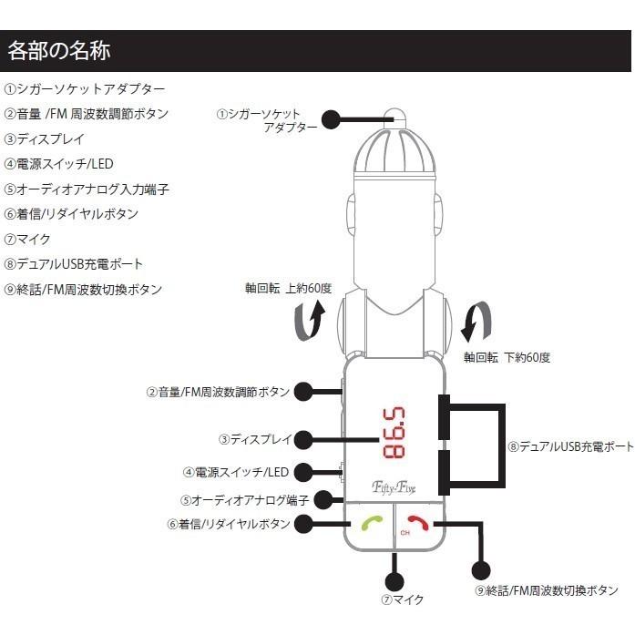 FMトランスミッター Bluetooth ハンズフリー対応 FF-BC06 Fifty-five 送料無料 USB充電ポート搭載 |  | 04