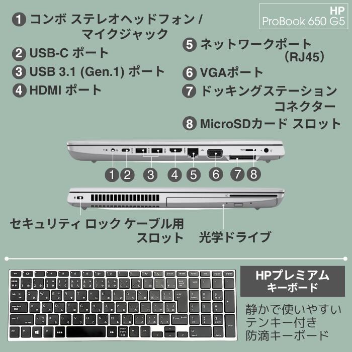 中古 パソコン 薄型 大画面 15.6インチ Core i7 第8世代 16GBメモリ 新品SSD 512GB  Wi-Fi Webカメラ HP ProBook 650 G5 整備済み 動作保証付き 初期設定済みの画像