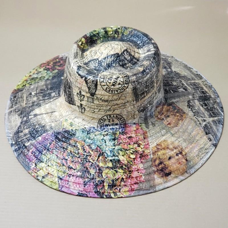 麦わら帽子 ハンドメイド デコラティブハット 草花と子供 デコハット