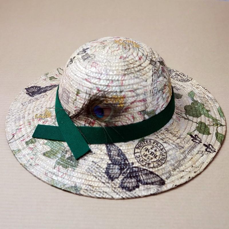 麦わら帽子 ハンドメイド デコラティブハット 野の花畑 緑のモダンな花