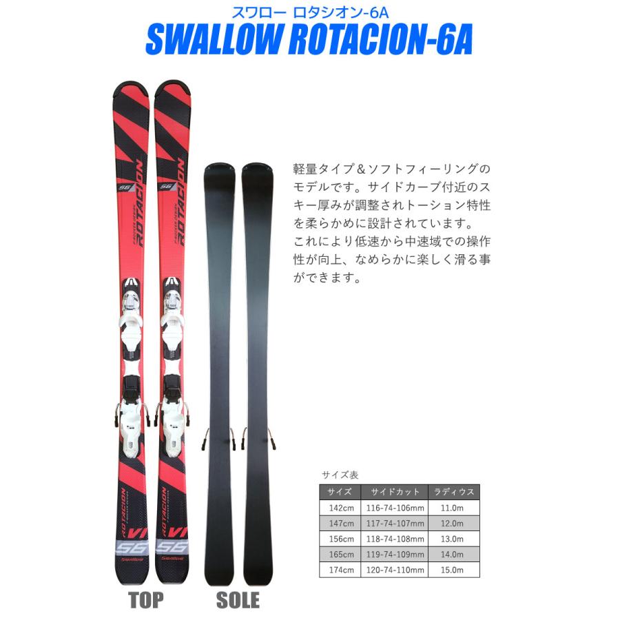 スキー 4点セット メンズ レディース スワロー 22-23 ROTACION 6A 142〜174cm 金具付き ストック付き グローブ付き 初心者にオススメ 大人用 スキー福袋｜passo｜02