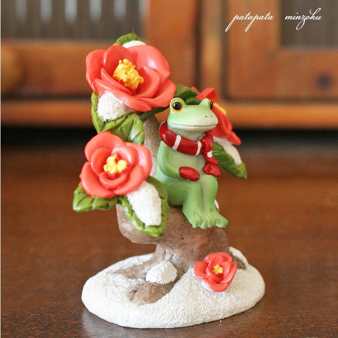 Copeau コポー 雪椿の盆栽とカエル 置物 ダイカイ オブジェ カエル 椿