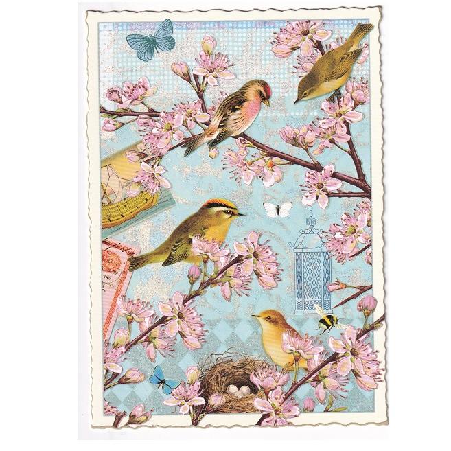 桜 と 小鳥 ドイツ 製 ポストカード ラメ グリーティングカード 桜 と 小鳥 ドイツ 製 ポストカード ラメ グリーティングカード
