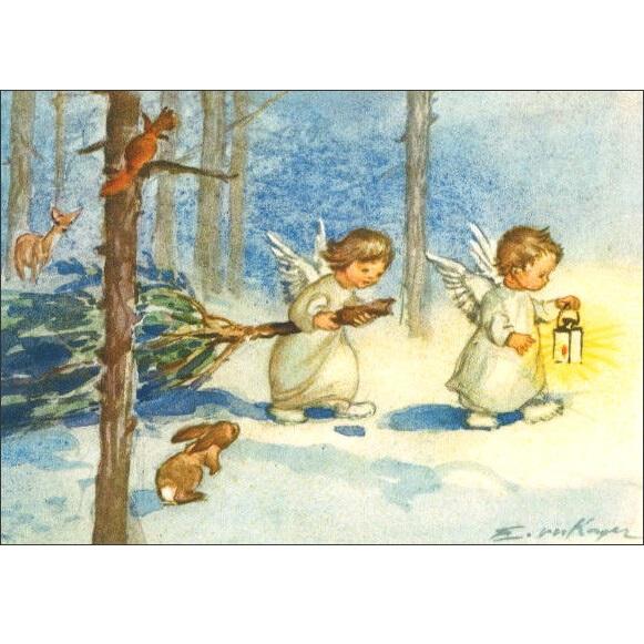 エリカ ・ フォン ケーガー 森の中を歩く2人の天使 ポストカード