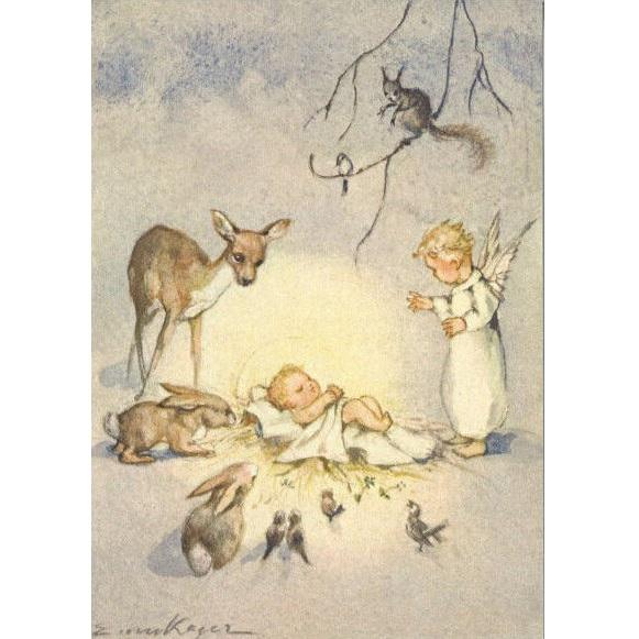 エリカ ・ フォン ケーガー 森の動物に囲まれた天使 ポストカード