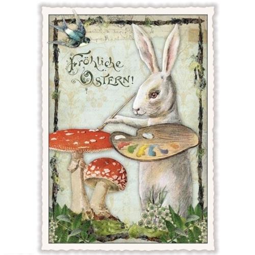 ハッピーイースター うさぎ と きのこパレット ドイツ 製 ポストカード