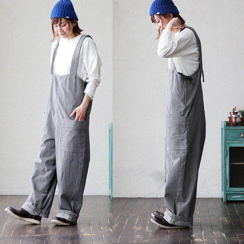 PATY サロペット サロペ ヒッコリー デニム ワイド サイドジップ