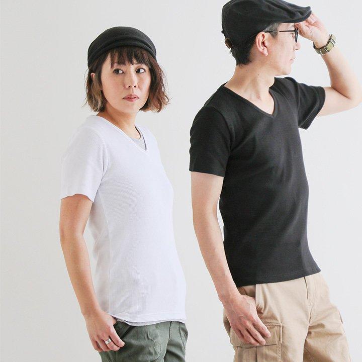 Tシャツ 半袖 Vネック テレコ 伸縮 ストレッチ シンプル スタンダード おうち時間 買い物 ホワイト ブラック グレー メンズ レディース | PATY | 01