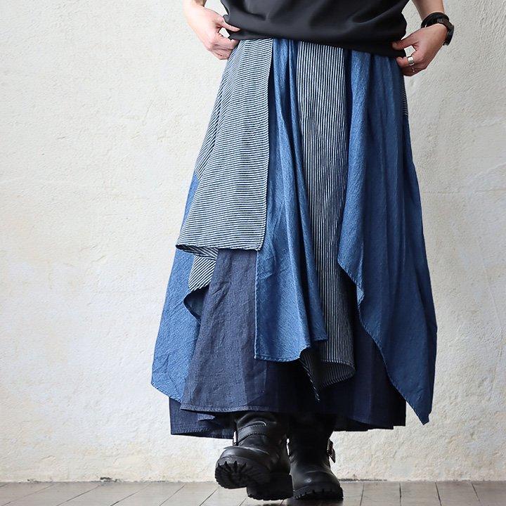 美品✨19SS　コムコム　ブルー ストライプ 袖付き変形スカート　ボリューム PATY マキシスカート レディース デニム スカート ロングスカート リブ