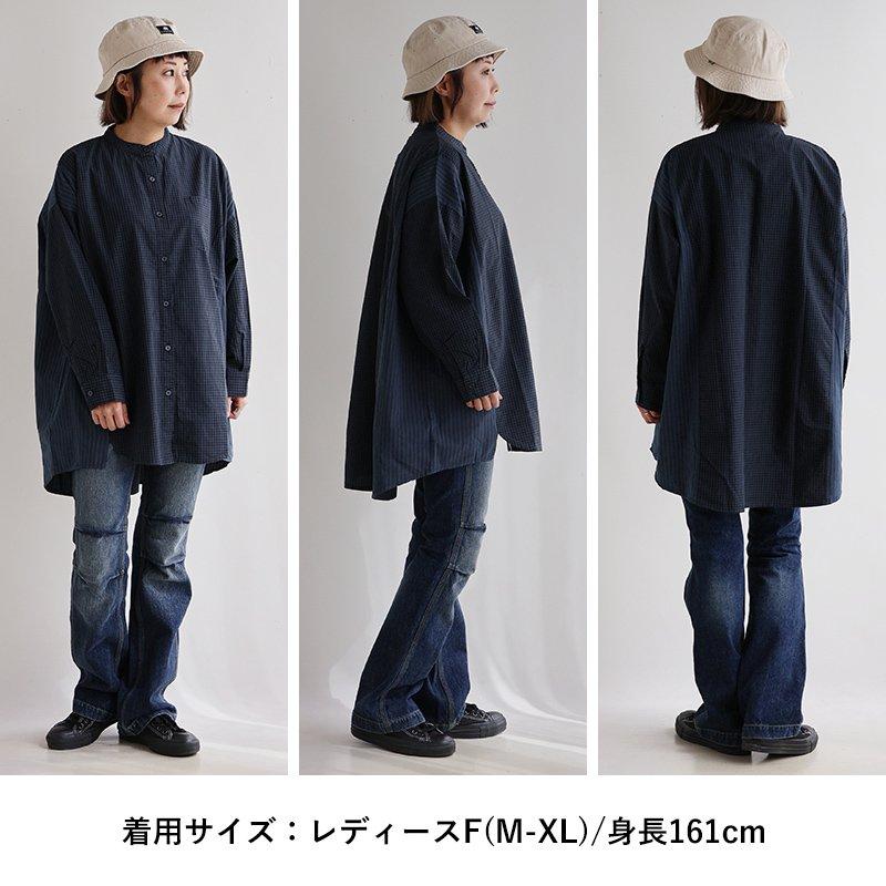シャツ レディース ワイド すっきり 着痩せ 長袖 薄手 綿100 コットン ロング丈 バンドカラー ギンガム 大きめ パティ SAIL セイル (メール便50)の画像