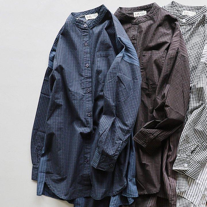 シャツ レディース ワイド すっきり 着痩せ 長袖 薄手 綿100 コットン ロング丈 バンドカラー ギンガム 大きめ パティ SAIL セイル (メール便50)の画像