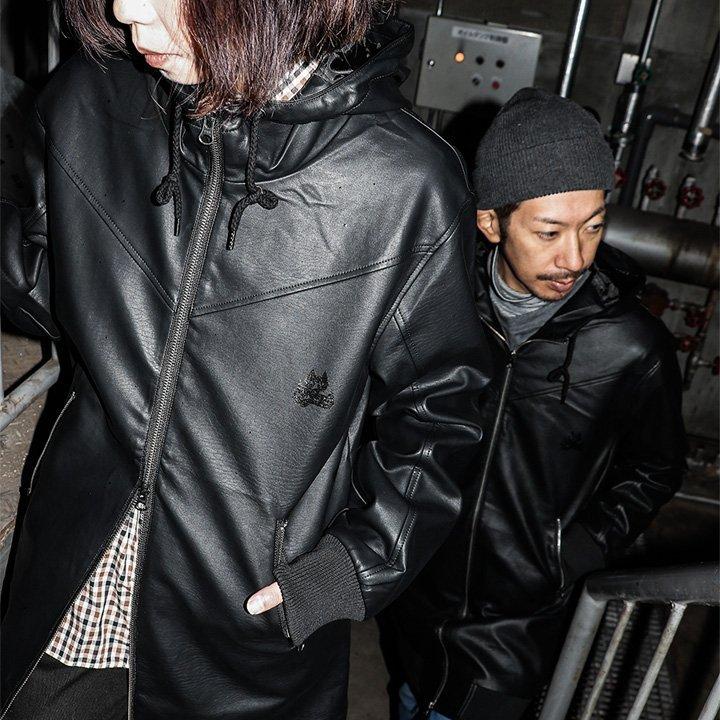 ALISTAIR ブルゾン ロング丈 PUレザー ジャケット ハイネックフード 