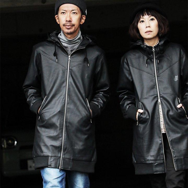 ALISTAIR ブルゾン ロング丈 PUレザー ジャケット ハイネックフード 